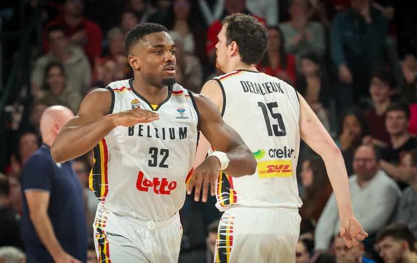 Belgium's Retin Obasohan celebrates during a basketball match between Belgium's national team Belgian Lions and Slovakia, Thursday 20 February 2025 in Charleroi, game 5/6 in the group stage of the qualifications for the Eurobasket 2025 European championships. BELGA PHOTO VIRGINIE LEFOUR