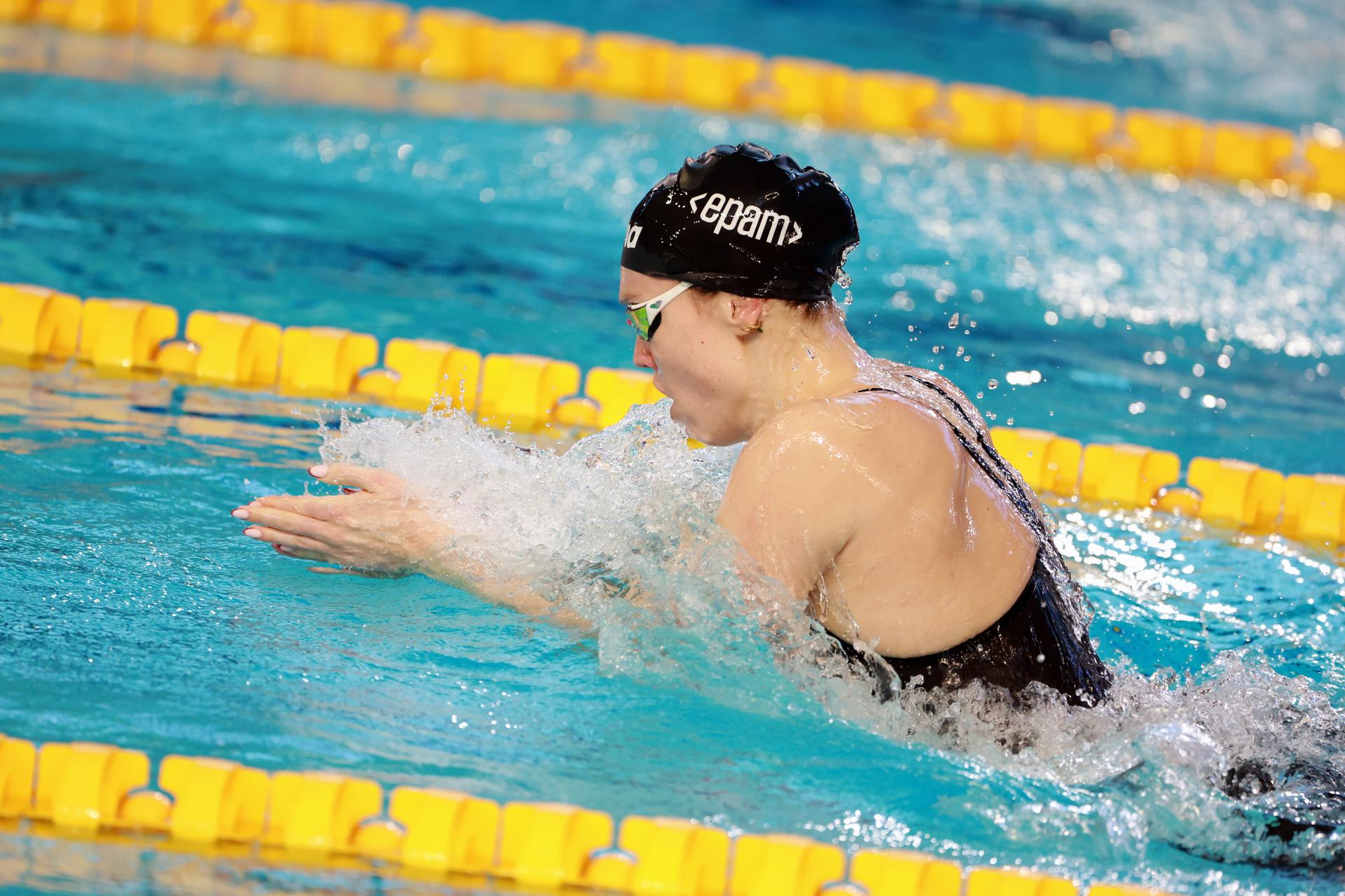 Belgian Florine Gaspard pictured in action during the women's 100m breaststroke at the European Aquatics Short Course Swimming Championships in Lublin, Poland, on Tuesday 02 December 2025. BELGA PHOTO NIKOLA KRSTIC