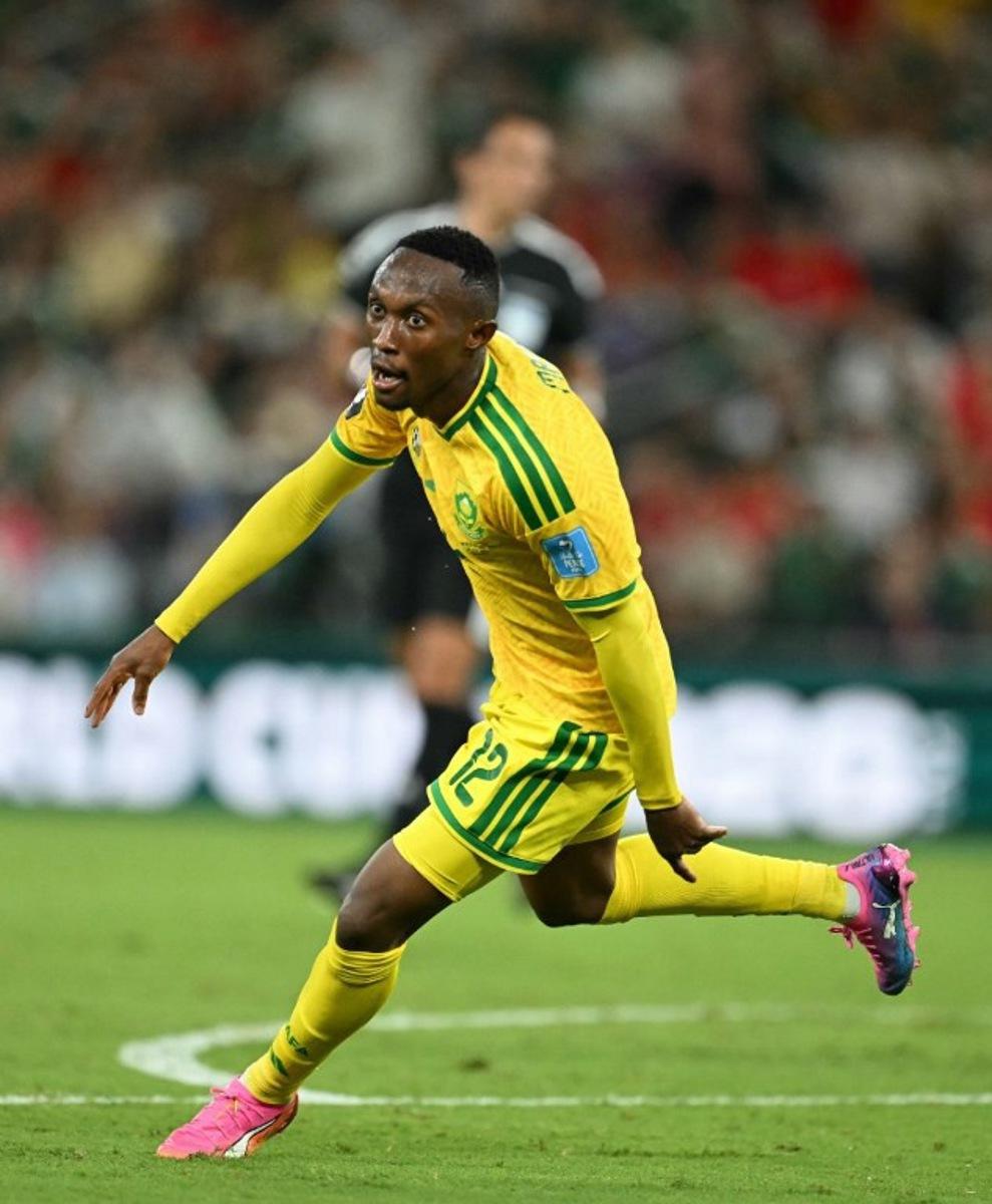 South Africa's forward #12 Thapelo Maseko celebrates scoring his team's first goal during the 2026 World Cup Group A football match between South Africa and South Korea at the Monterrey Stadium in Guadalupe, Mexico, on June 24, 2026.   Yuri CORTEZ / AFP