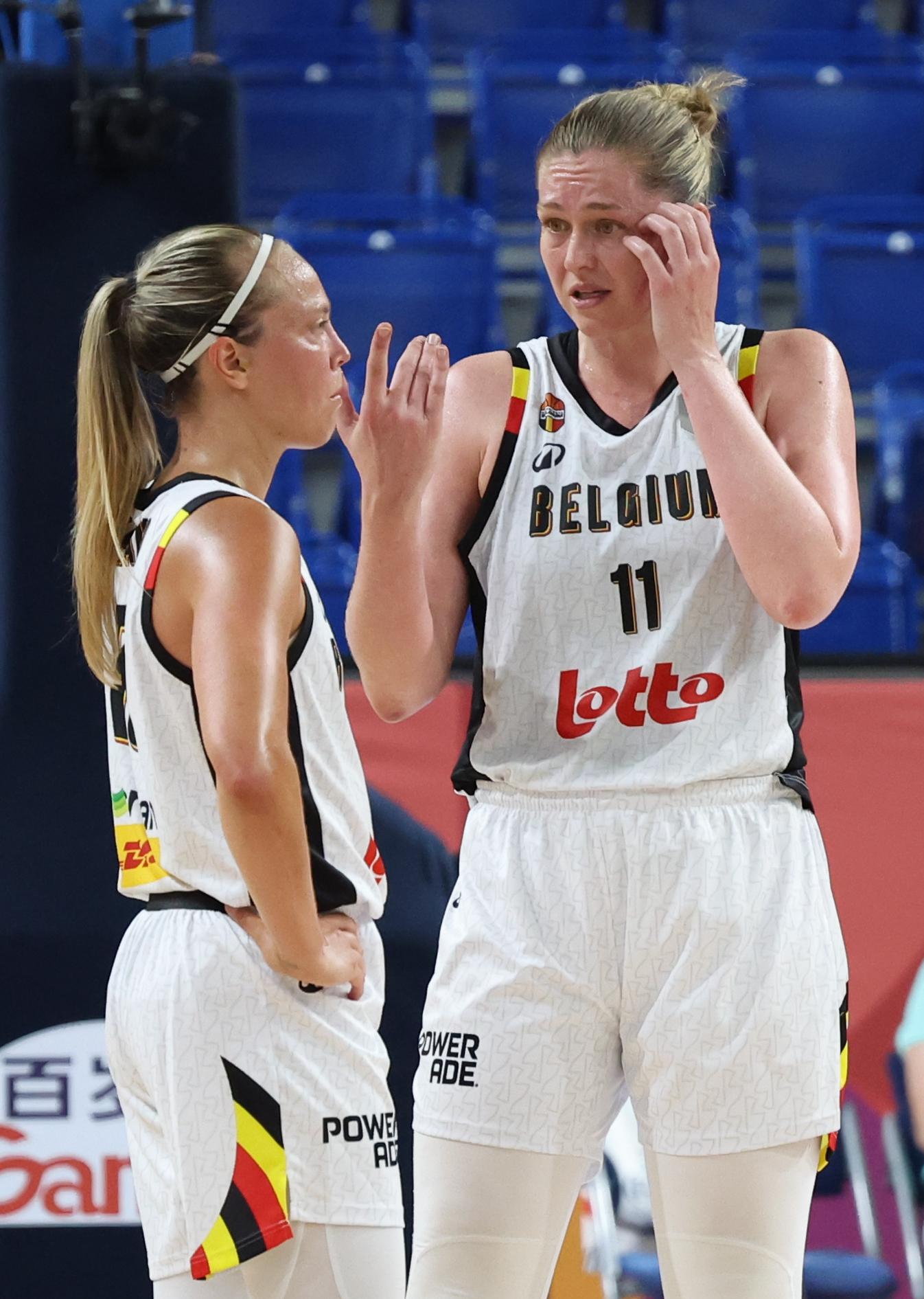 Belgium's Julie Allemand and Belgium's Emma Meesseman pictured during a first game in the group stage (group C) between Belgian national women team 'the Belgian Cats' and Portugal, in Brno, Czech Republlic, on Thursday 19 June 2025, at the FIBA Women's EuroBasket 2025. BELGA PHOTO VIRGINIE LEFOUR