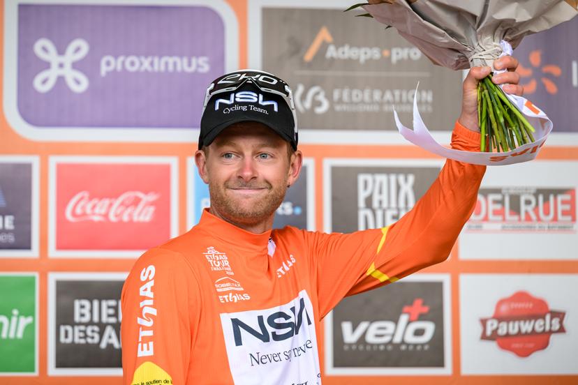American Riley Sheehan of NSN Cycling Team pictured on the podium after the fourth stage of the Tour De Wallonie cycling race, from Dison to Eupen (166,7 km), on Thursday 04 June 2026. BELGA PHOTO DAVID PINTENS