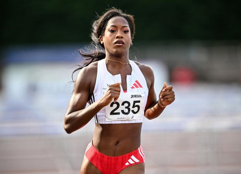 France's Cyrena Samba-Mayela reacts after competing to take fourth place in Women's 100m hurdles final at the Scottish Athletics Championships at Grangemouth Stadium, in Grangemouth, Scotland on August 24, 2025.   Andy Buchanan / AFP