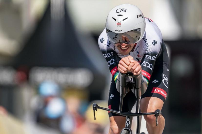 Australia's Jay Vine (UAE) competes in the prologue of the Tour of Romandie UCI cycling World tour, a 3.4 km time trial from Saint-Imier to Saint-Imier, on April 29, 2025.  Fabrice COFFRINI / AFP
