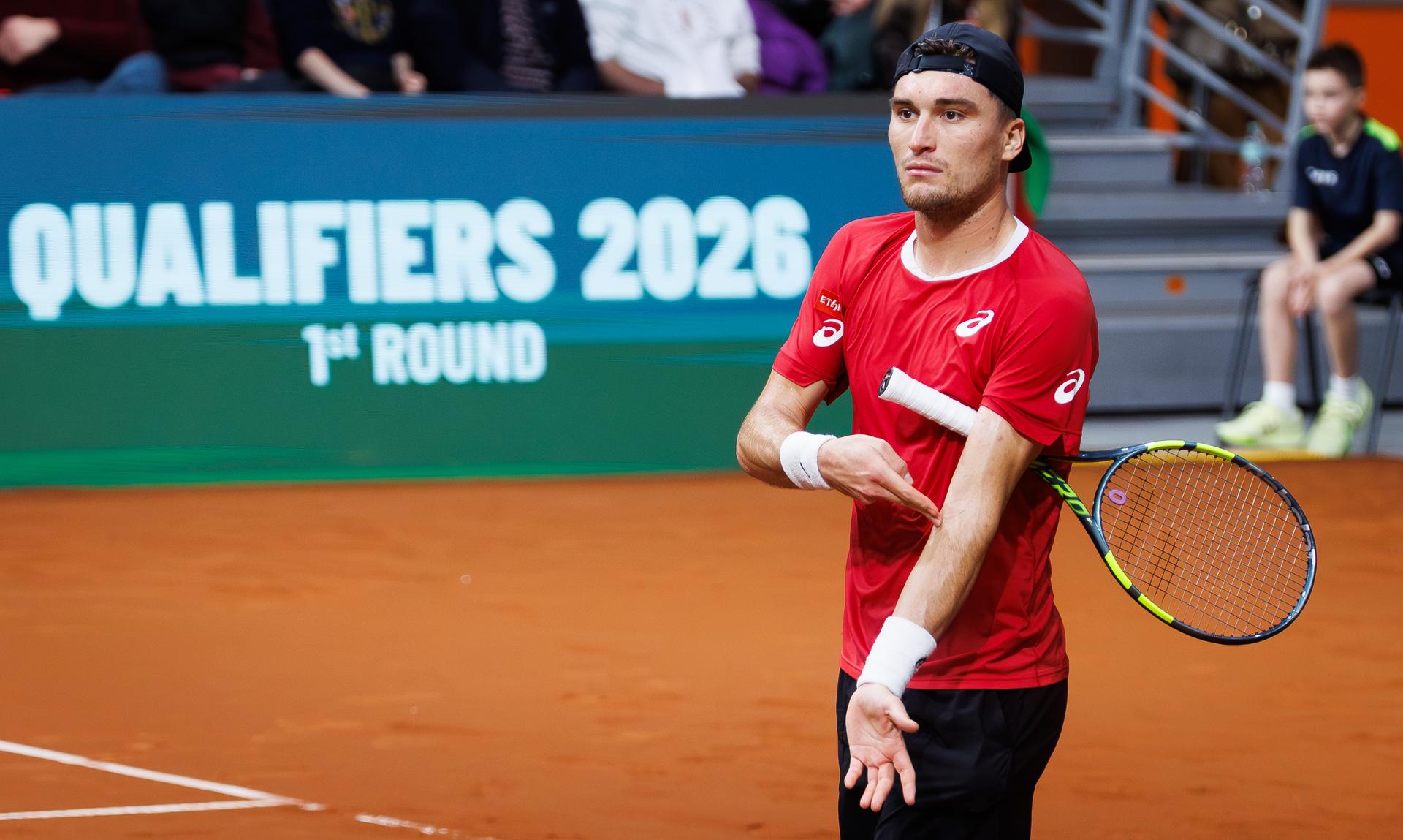 Belgian Raphael Collignon celebrates after winning a tennis match against Bulgarian Vasilev, during the qualifier of the Davis Cup on Saturday 07 February 2026, in Plovdiv, Bulgaria. Belgium will compete this weekend in the Davis Cup qualifiers against Bulgaria. BELGA PHOTO BENOIT DOPPAGNE