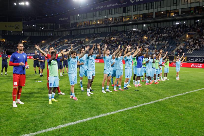 Gent's players celebrate after a game between Belgian KAA Gent and Swedish IFK Goteborg , in Gent, Belgium, on Thursday 13 August 2026, a return leg game in the third qualifying round of the UEFA Conference League competition.  Gent won 0-1 the first leg. BELGA PHOTO KURT DESPLENTER