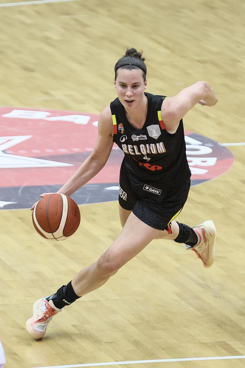 Belgium's Antonia Delaere pictured in action during a basketball game between Belgian national team the Belgian Cats and Finland, Thursday 13 November 2025 in Leuven, a qualification game (1/6) for the 2027 Eurobasket tournament. BELGA PHOTO BRUNO FAHY