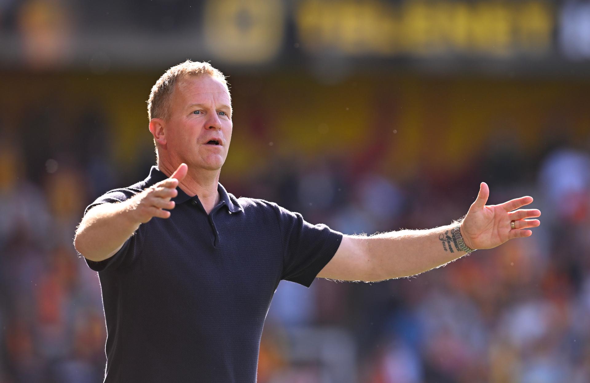 STVV's head coach Wouter Vrancken reacts after winning a soccer match between KV Mechelen and Sint-Truiden VV, Sunday 26 April 2026 in Mechelen, on the fifth day of the Champion's Play-offs of the 2025-2026 'Jupiler Pro League' first division of the Belgian championship. BELGA PHOTO JOHN THYS