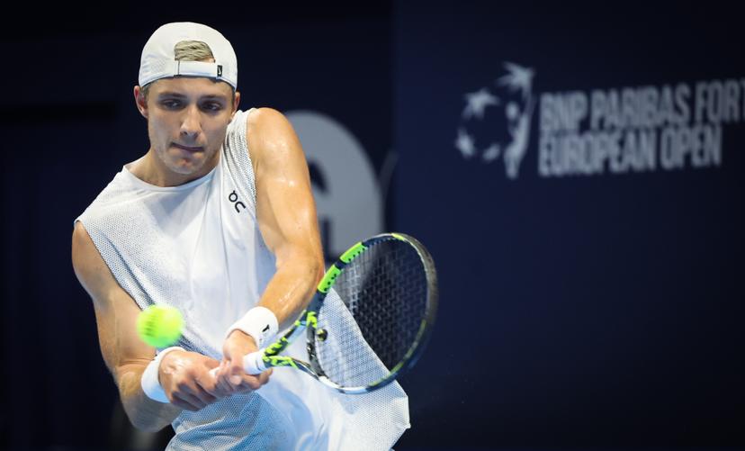 Belgian Tibo Colson pictured in action during the European Open ATP tennis tournament in Brussels, on Sunday 12 October 2025. This year's edition of the tournament is taking place from 12 to 19 October 2025. BELGA PHOTO VIRGINIE LEFOUR