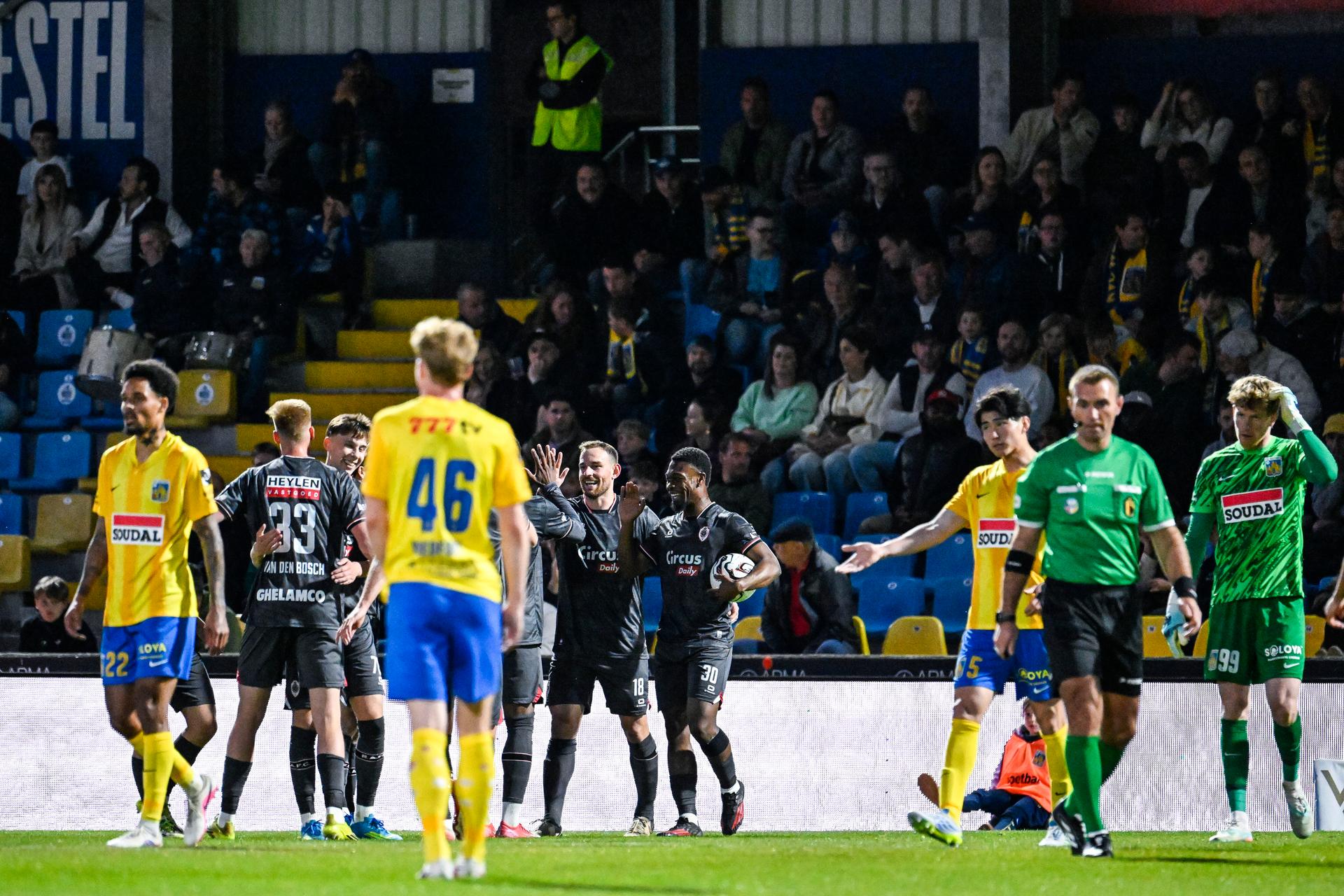 Antwerp's Vincent Janssen celebrates after scoring during a soccer match between KVC Westerlo and Royals Antwerp FC, Saturday 25 April 2026 in Westerlo, on day 5 of the Europe Play-offs (PO2) of the 2025-2026 'Jupiler Pro League' first division of the Belgian championship. BELGA PHOTO TOM GOYVAERTS