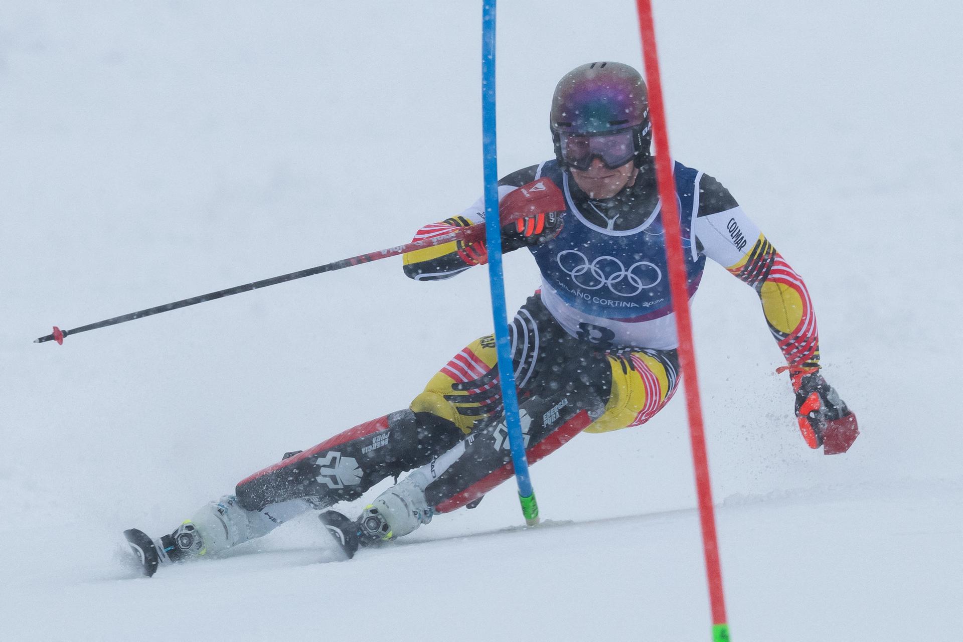 Armand Marchant of Belgium competes during the Men's Slalom Qualification 1 on day ten of the Milano Cortina 2026 Winter Olympic games at Stelio Ski Center on February 15, 2026 in Bormio, Italy. Photo by Laurent Zabulon/ABACAPRESS.COM BENELUX ONLY