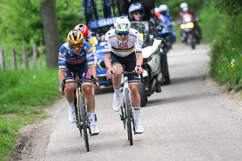 Belgian Remco Evenepoel of Soudal Quick-Step, Slovenian Tadej Pogacar of UAE Team Emirates and Danish Mattias Skjelmose Jensen of Lidl-Trek pictured in action during the men elite 'Amstel Gold Race' one day cycling race, 255,9 km from Maastricht to Valkenburg, The Netherlands, Sunday 20 April 2025. BELGA POOL DARIO BELINGHERI