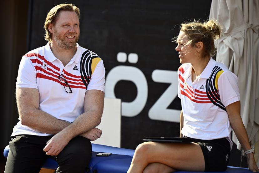 top sports coordinator Rutger Smits and Team Belgium physiotherapist Kathelijn Polspoel  pictured during the annual stage of Team Belgium (13-20/11), in Belek, Turkey, Friday 15 November 2024, BELGA PHOTO ERIC LALMAND