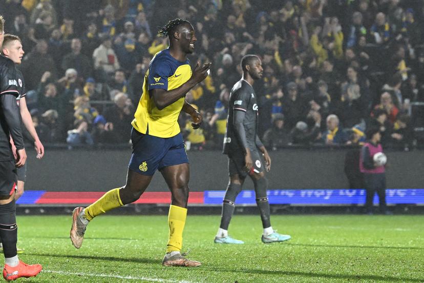 Union's Promise David celebrates after scoring during a soccer match between Royale Union Saint-Gilloise and Royal Antwerp FC, Saturday 21 February 2026 in Brussels, on day 26 of the 2025-2026 'Jupiler Pro League' first division of the Belgian championship. BELGA PHOTO JILL DELSAUX