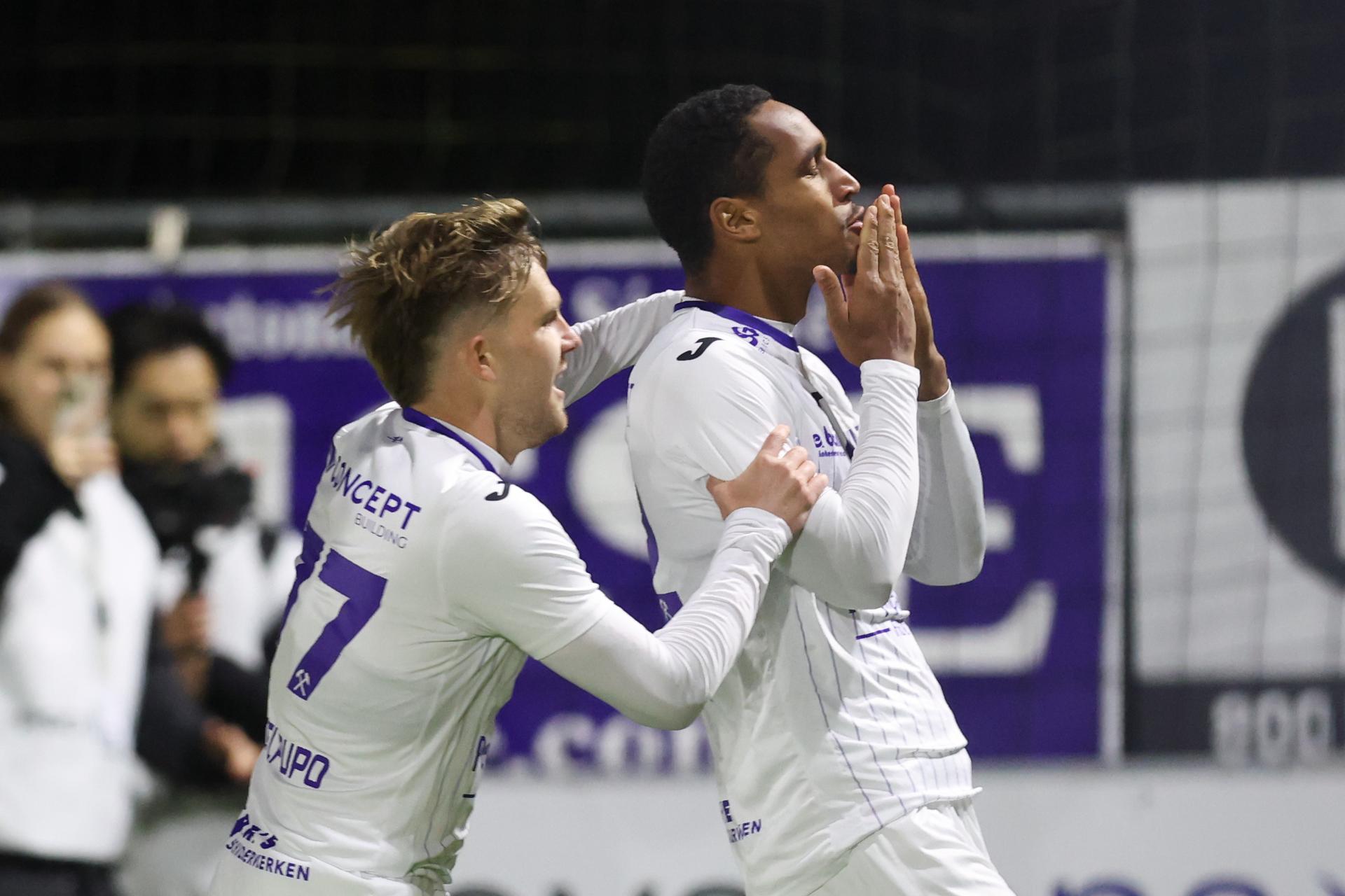 Patro Eisden's Haji Mnoga celebrates after scoring during a soccer match between RFC Liège and Patro Eisden Maasmechelen, on Sunday 25 October 2026 in Liege, on day 8 of the 2026-2027 'Challenger Pro League' second division of the Belgian championship. BELGA PHOTO BRUNO FAHY