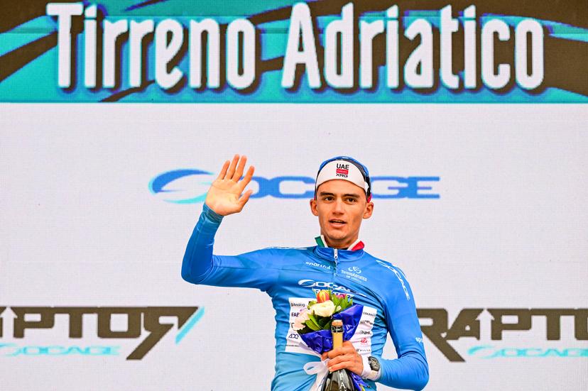 Mexican Isaac Del Toro of UAE Team Emirates-XRG pictured on the podium after the second stage of the Tirreno-Adriatico cycling race, from Camaiore to San Gimignano (206 km), Italy, Tuesday 10 March 2026. BELGA PHOTO DIRK WAEM