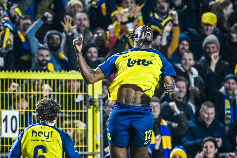 Union's Promise David celebrates after scoring during a soccer match between Royale Union Saint-Gilloise and KV Mechelen, Saturday 17 January 2026 in Brussels, on day 21 of the 2025-2026 'Jupiler Pro League' first division of the Belgian championship. BELGA PHOTO TOM GOYVAERTS