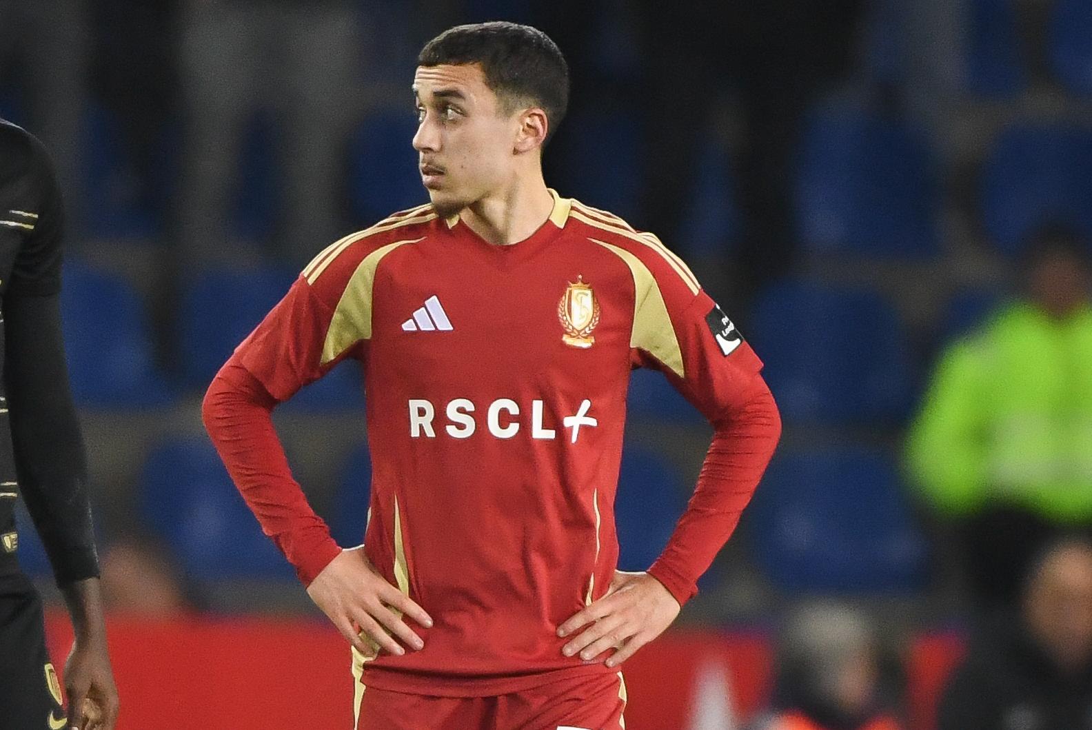 Standard's Brahim Ghalidi looks dejected after losing a soccer game between KRC Genk and Standard de Liege, Wednesday 04 December 2024 in Genk, in the 1/8 finals of the 'Croky Cup' Belgian soccer cup. BELGA PHOTO JILL DELSAUX