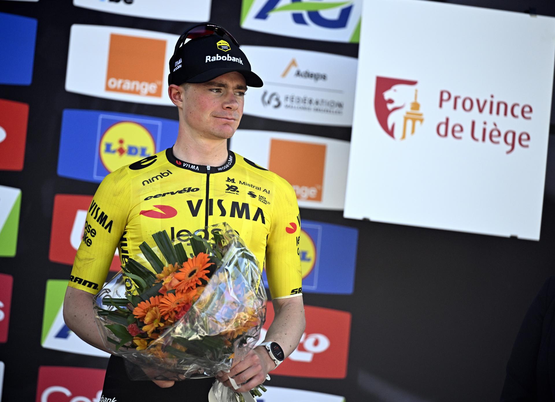British Ben Tulett of Team Visma-Lease a Bike pictured on the podium after the men's race of the 90th edition of the 'La Fleche Wallonne', one day cycling race (Waalse Pijl - Walloon Arrow), 200 km from Herstal to Huy, Wednesday 22 April 2026. BELGA PHOTO JASPER JACOBS
