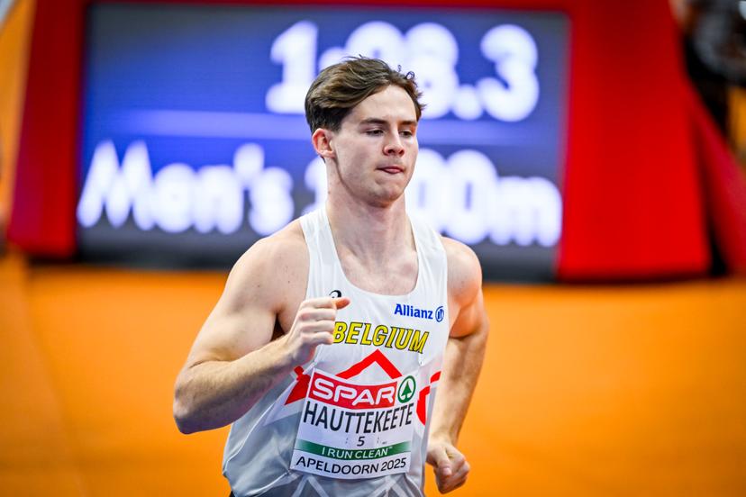 Belgian athlete Jente Hauttekeete pictured in action during the men's 1000m, at the European Athletics Indoor Championships, in Apeldoorn, The Netherlands, Saturday 08 March 2025. The championships take place from 6 to 9 March. BELGA PHOTO ERIC LALMAND