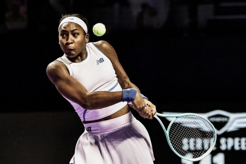 USA's Coco Gauff hits a return against Italy's Jasmine Paolini during their tennis match at the WTA Finals in Riyadh on November 4, 2025.  Fayez NURELDINE / AFP