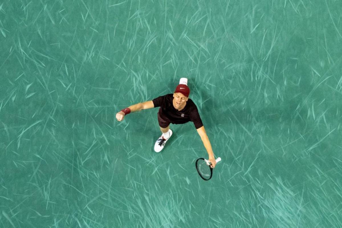Italy's Jannik Sinner celebrates after winning against Canada's Felix Auger-Aliassime at the end of their men's singles final match on day seven of the Paris ATP Masters 1000 tennis tournament at the Paris La Défense Arena in Nanterre, on the outskirts of Paris, on November 2, 2025.  Sebastien DUPUY / AFP