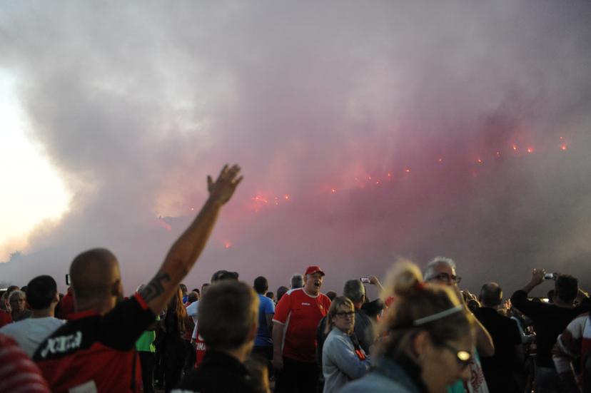 Atmosphere around the stadium the Ultras shooting fireworks at the start of the second half the Jupiler Pro League match between Standard de Liege and Sint-Truiden, in Liege, Saturday 06 August 2016, on second day of the Belgian soccer championship. This game is played without spectators as sanction after last season incidents during a game with Charleroi. BELGA PHOTO SOPHIE KIP