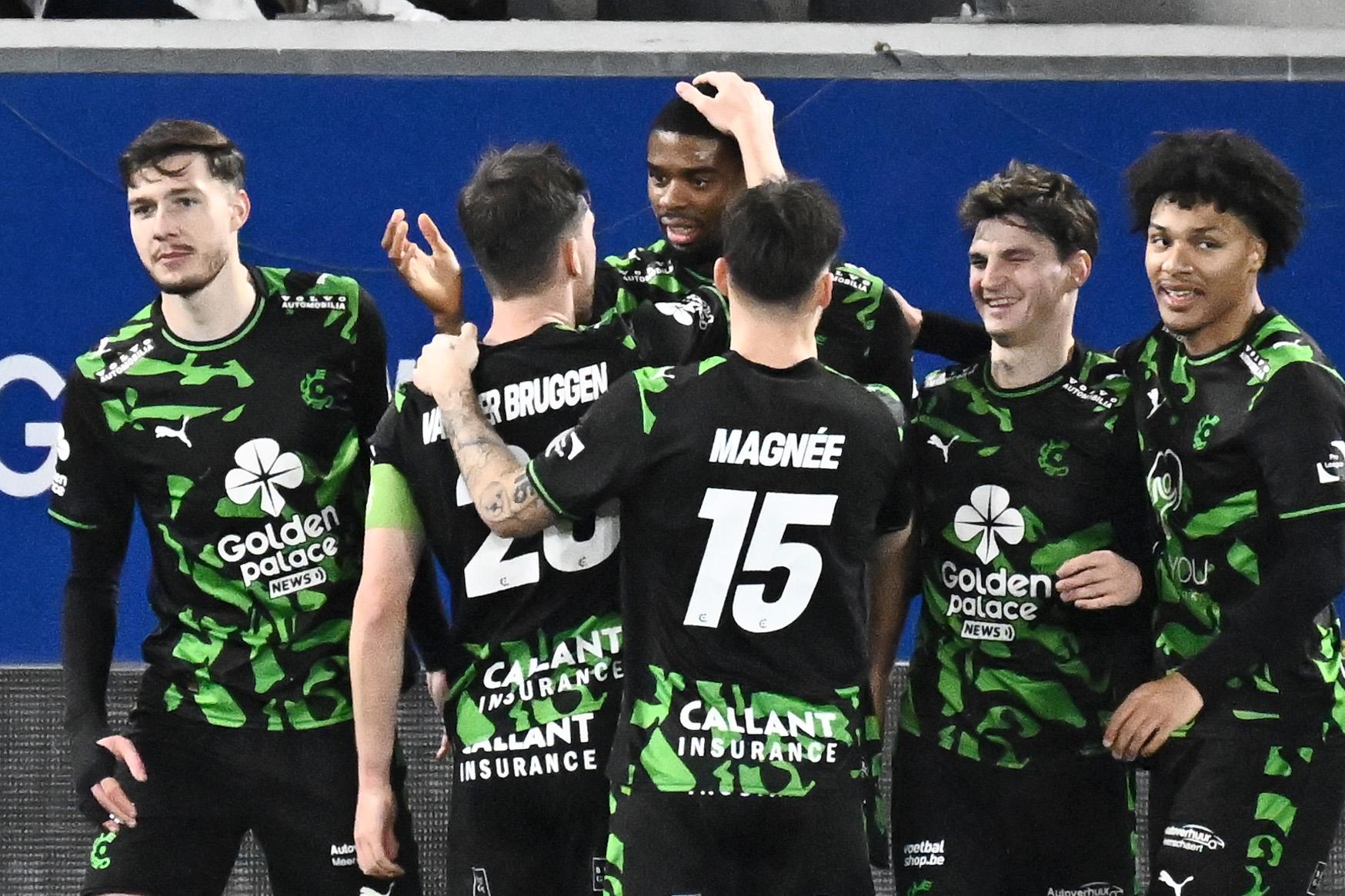 Cercle's Steve Eyrolle Ngoura celebrates after scoring the 0-2 goal during a soccer match between Oud-Heverlee Leuven and Cercle Brugge, Sunday 21 December 2025 in Leuven, on day 19 of the 2025-2026 'Jupiler Pro League' first division of the Belgian championship. BELGA PHOTO MAARTEN STRAETEMANS