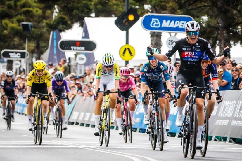 FDJ United-Suez's New Zealand rider Ally Wollaston (R) celebrates winning the women's elite cycling event of the 2026 Cadel Evans Great Ocean Road Race in Geelong on January 31, 2026.   CHRIS PUTNAM / AFP