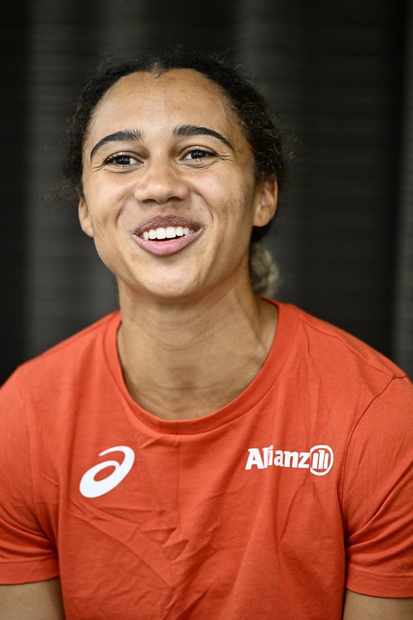 Belgian Delphine Nkansa pictured during a press conference before the European Athletics Championships (August 10¿18), in Birmingham, United Kingdom, on Saturday 8 August 2026. BELGA PHOTO ERIC LALMAND