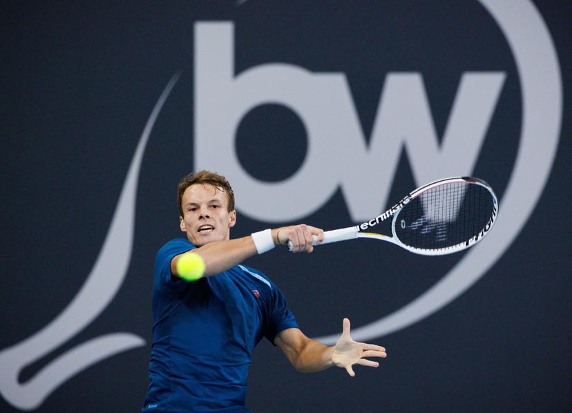 Belgian Michael Geerts pictured during a qualification game between Belgian Geerts and Canadian Diez in the men's singles at the BW Open ATP Challenger 125 tournament, in Louvain-la-Neuve, Monday 22 January 2024. THE BW Open takes place from 22 to 28 January. BELGA PHOTO BENOIT DOPPAGNE