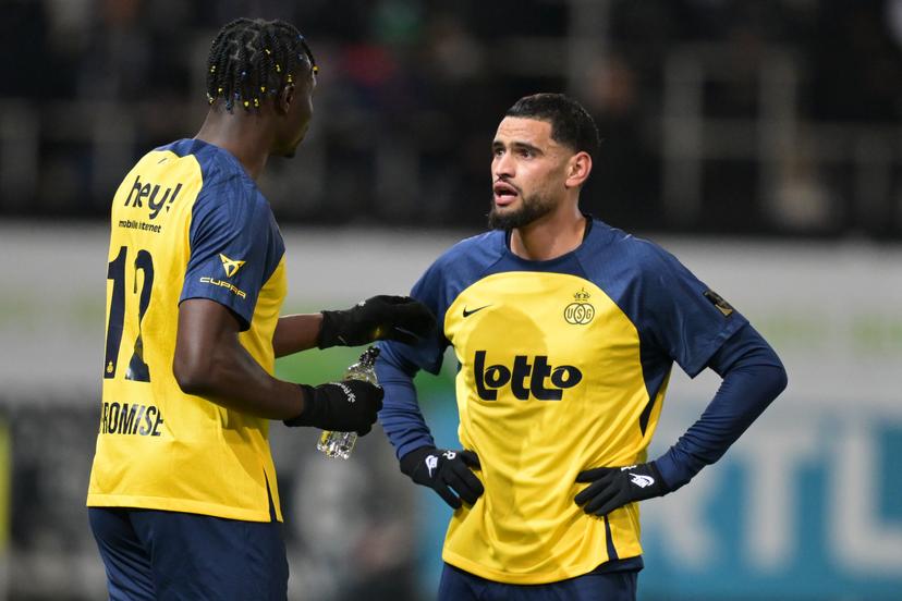 Union's Promise David and Union's Adem Zorgane pictured during a soccer match between Sporting Charleroi and Royale Union Saint-Gilloise, Sunday 14 December 2025 in Charleroi, on day 18 of the 2025-2026 'Jupiler Pro League' first division of the Belgian championship. BELGA PHOTO DAVID PINTENS
