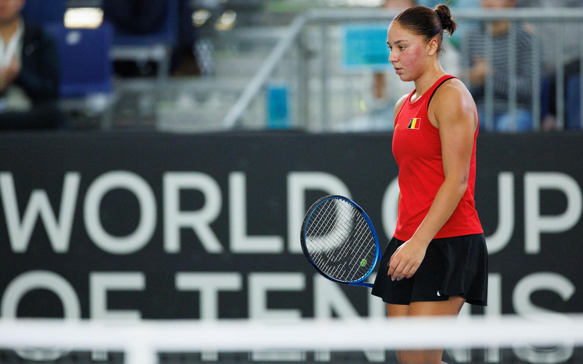 Belgian Sofia Costoulas pictured during the first game between Belgian Costoulas and Turkish Aksu in the Billie Jean King Cup Play-offs, between Belgium and Turkey, on Saturday 15 November 2025 in Ismaning, Germany. PHOTO BENOIT DOPPAGNE
