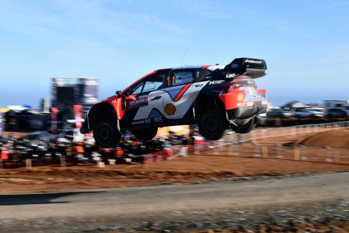 Belgium driver Thierry Neuville and co-driver Martijn Wydaeghe compete in their Hyundai i20 N Rally1 during the third day of the WRC Rally Chile Bio Bio in Concepcion, Chile, on September 14, 2025.  GUILLERMO SALGADO / AFP