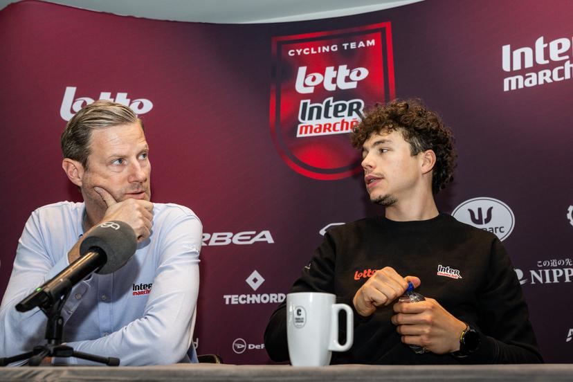 performance manager Dutch Aike Visbeek and Belgian Arnaud De Lie of Lotto-Intermarche pictured during a press conference of the Lotto-Intermarche cycling team, to discuss this weekend's one-day cycling race Omloop Het Nieuwsblad, the opening race of the Flemish classic one day races season, Thursday 26 February 2026 in Sint-Martens-Latem. BELGA PHOTO DAVID PINTENS