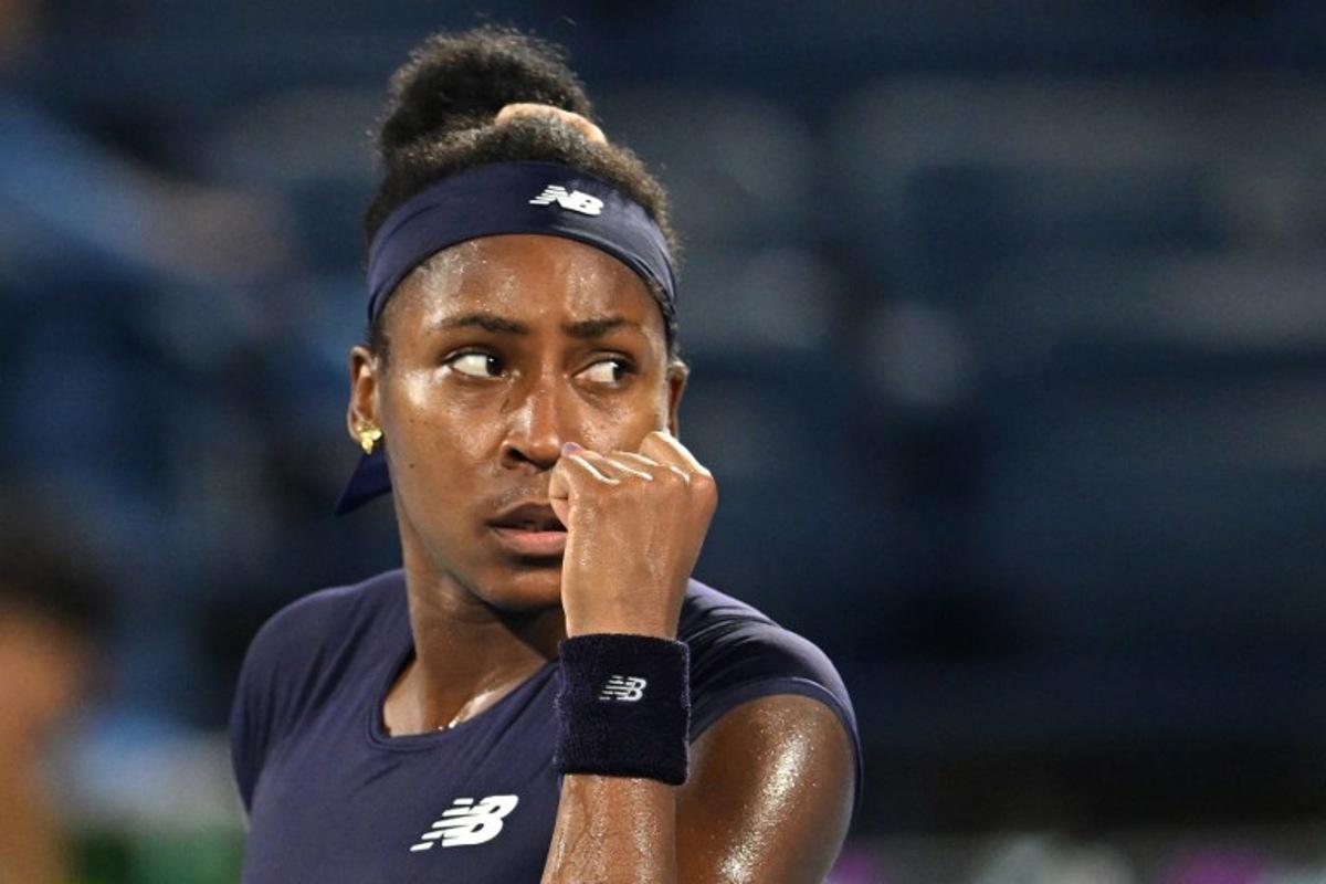 US' Coco Gauff reacts during her match against Ukraine's Elina Svitolina in the women's singles semi-final match  at the Dubai Duty Free Tennis tournament in Dubai on February 20, 2026.  Ryan Lim / AFP