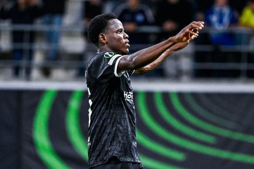 Gent's Hyllarion Goore celebrates after winning a soccer game between Belgian KAA Gent and Danish Aarhus GF, Thursday 15 October 2026 in Gent, the opening match of the UEFA Conference League league phase. BELGA PHOTO TOM GOYVAERTS