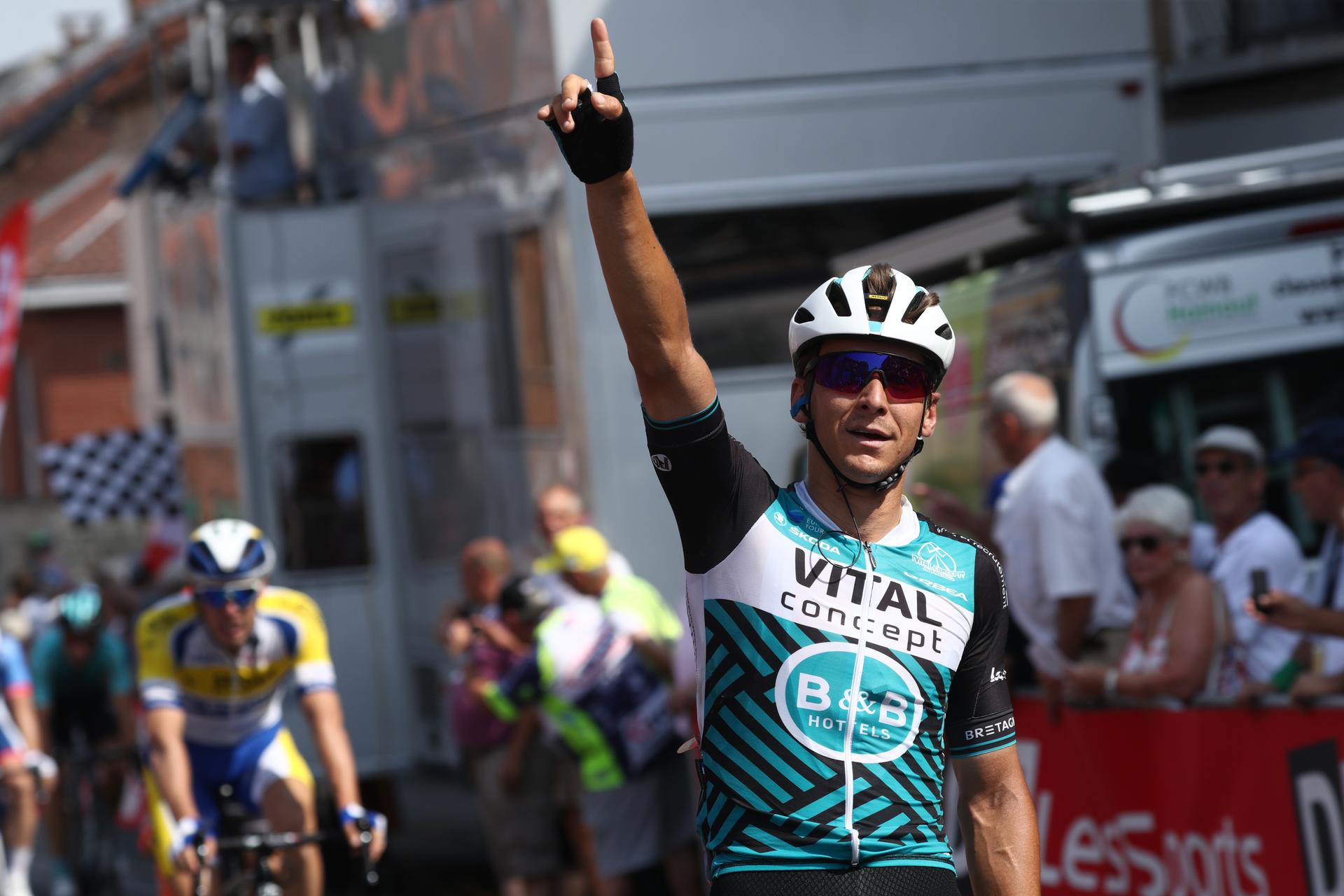 French Bryan Coquard of Vital Concept - B&B Hotels celebrates as he wins the 53nd edition of the one day cycling race 'Grand Prix Pino Cerami', Thursday 25 July 2019. The race was originally 209,1 km from Saint-Ghislain to Frameries but will be shorten by more or less 50km because of the heat wave. BELGA PHOTO VIRGINIE LEFOUR