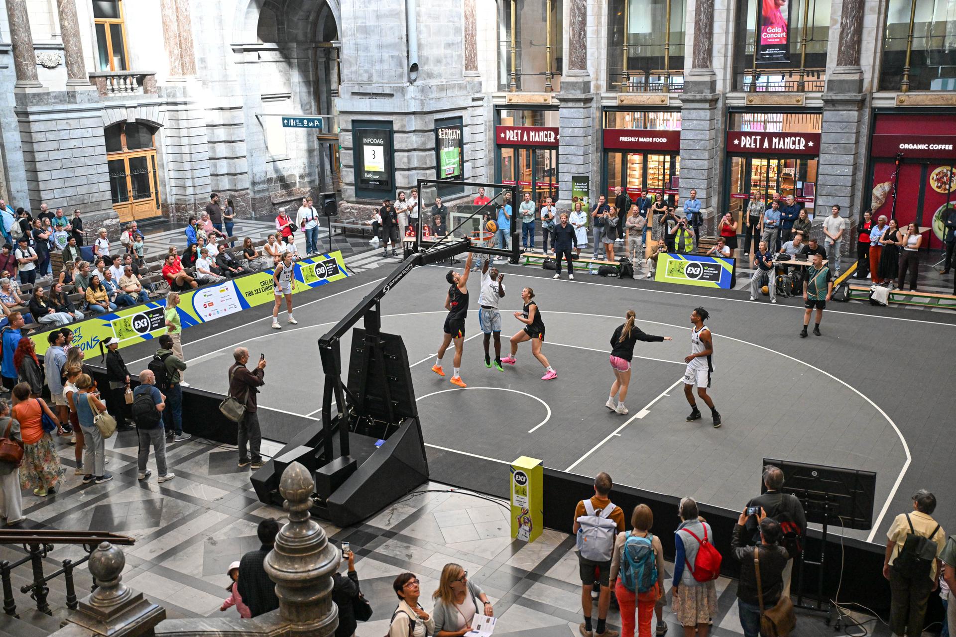 players are pictured in action during the latest press conference regarding the 3x3 European Basketball Championship in Antwerp (Sept. 11-13), on Wednesday 26 August 2026 in Antwerp. BELGA PHOTO JONAS ROOSENS
