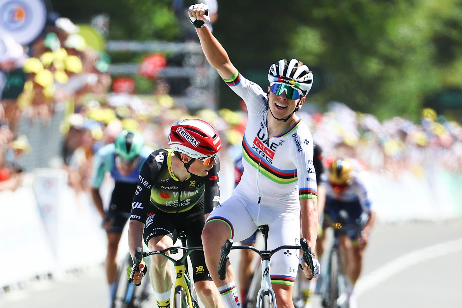Slovenian Tadej Pogacar of UAE Team Emirates celebrates after winning stage seven of the 2025 Tour de France cycling, from Saint-Malo to Mur-de-Bretagne (194 km), on Friday 11 July 2025 in France. The 112th edition of the Tour de France starts on Saturday 5 July in Lille, France, and will finish in Paris, France on the 27th of July. BELGA PHOTO DAVID PINTENS