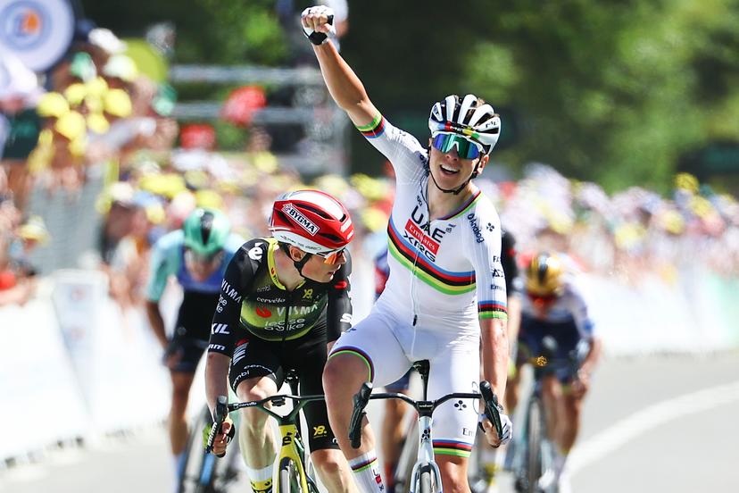 Slovenian Tadej Pogacar of UAE Team Emirates celebrates after winning stage seven of the 2025 Tour de France cycling, from Saint-Malo to Mur-de-Bretagne (194 km), on Friday 11 July 2025 in France. The 112th edition of the Tour de France starts on Saturday 5 July in Lille, France, and will finish in Paris, France on the 27th of July. BELGA PHOTO DAVID PINTENS
