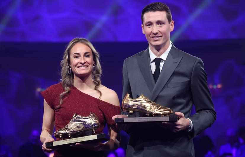 Tessa Wullaert and Club's Hans Vanaken celebrate on the podium after winning the 71st edition of the 'Golden Shoe' award ceremony, in Middelkerke, Tuesday 04 February 2025. The Golden Shoe (Gouden Schoen / Soulier d'Or) is an award for the best soccer player of the Belgian Jupiler Pro League championship during the calendar year 2024. BELGA PHOTO VIRGINIE LEFOUR