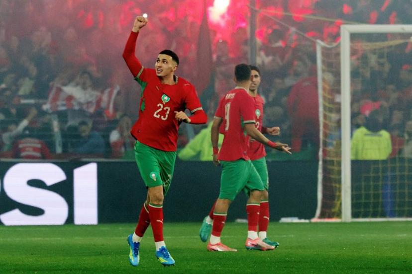 Morocco's Bilal El Khanouss (L) celebrates after scoring his team's first goal during the friendly football match between Morocco and Paraguay at the Stade Bollaert-Delelis in Lens, northern France on March 31, 2026.  Francois LO PRESTI / AFP