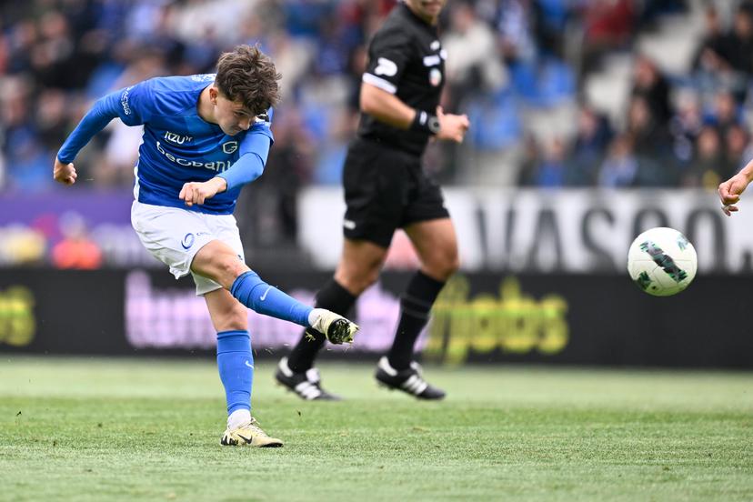 Genk's Konstantinos Kos Karetsas pictured in action during a soccer match between KRC Genk and KAA Gent, Sunday 02 June 2024 in Genk, a Europe Play-off game for a place in next season's European soccer competition, at the end of the 2023-2024 'Jupiler Pro League' first division of the Belgian championship. BELGA PHOTO JOHAN EYCKENS
