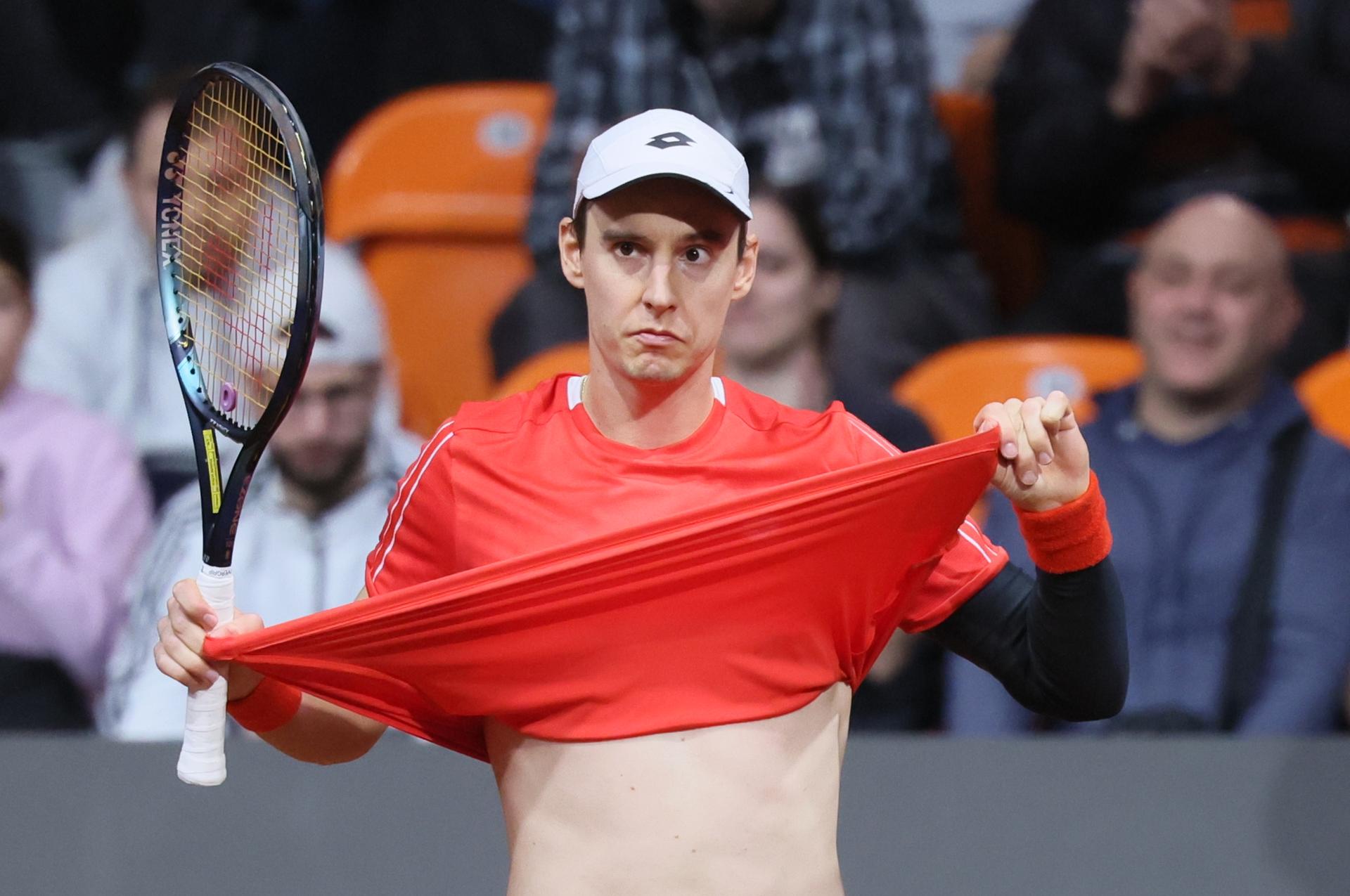 Belgian Joran Vliegen reacts during a doubles tennis match between Bulgarian Donski/Nesterov and Belgian Gille/Vliegen, match 3 of the qualifier of the Davis Cup on Sunday 08 February 2026, in Plovdiv, Bulgaria. Belgium will compete this weekend in the Davis Cup qualifiers against Bulgaria. BELGA PHOTO BENOIT DOPPAGNE
