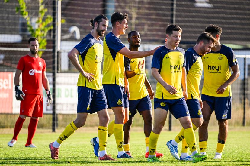 Union's Ross Sykes celebrates after scoring during a friendly game between Union Saint-Gilloise and Union Rochefortoise, Tuesday 01 July 2025 in Nijlen, in preparation of the upcoming 2025-2026 season. BELGA PHOTO TOM GOYVAERTS