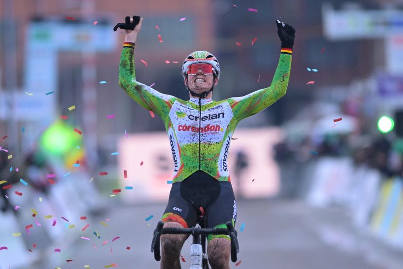 Belgian Marion Norbert Riberolle celebrates on the finish line as she wins the Women elite race at the Belgian Cyclocross Championships in Beringen on Saturday 10 January 2026. BELGA PHOTO DAVID PINTENS