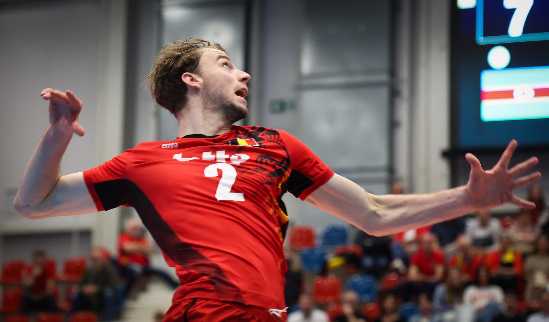 Belgium's Ferre Reggers pictured in action during and Belgium's Ferre Reggers pictured in action during a volleyball match between Belgium's national men's volleyball team, the Red Dragons, and the Azeri national men's volleyball team, in match 3/6 of the League Round of the European Golden League men, in Beveren, Friday 24 May 2024. BELGA PHOTO VIRGINIE LEFOUR