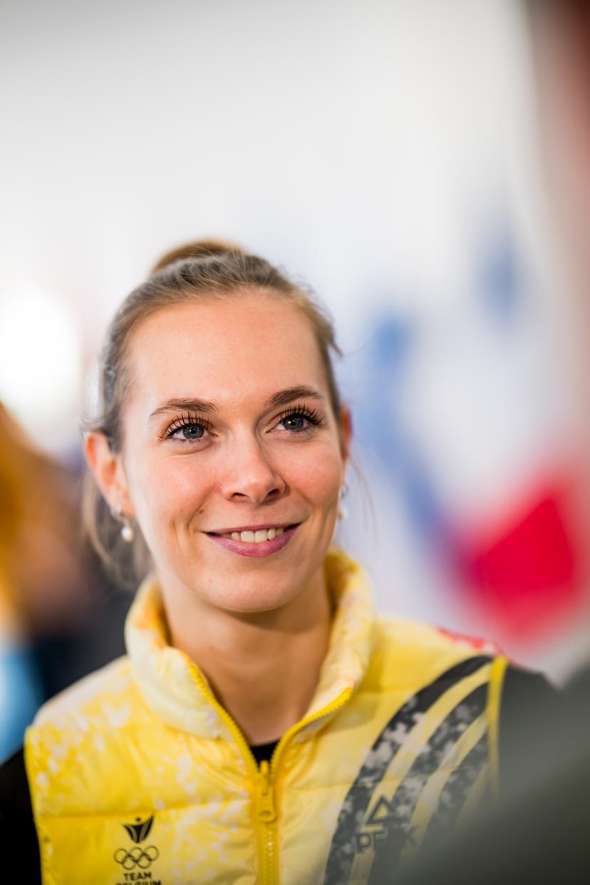 Belgian speed skater Sandrine Tas talks to the press during the Milano Cortina 2026 Olympic Winter Games, on Thursday 05 February 2026 in Milan, Italy. The XXV Winter Olympics take place from 6 to 22 February 2026 in Italy. BELGA PHOTO JASPER JACOBS