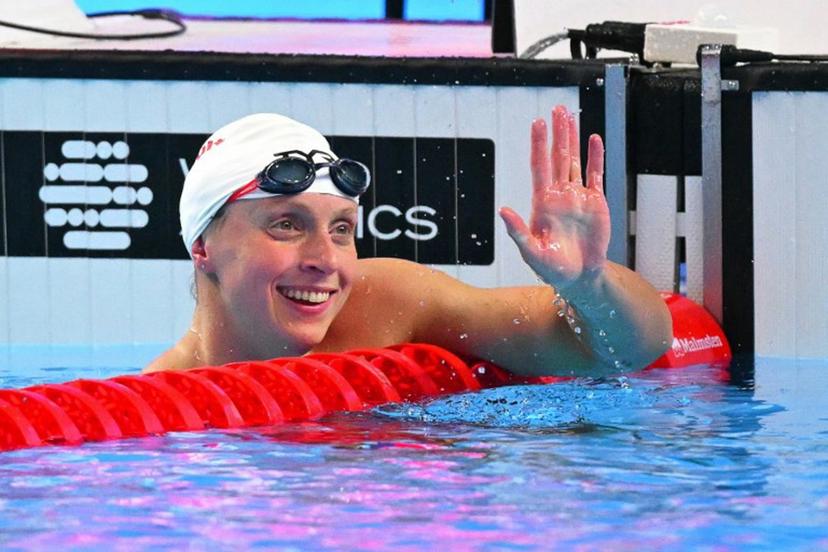 US' swimmer Katie Ledecky reacts after competing in a heat of the women's 1500m freestyle swimming event during the 2025 World Aquatics Championships in Singapore on July 28, 2025.  François-Xavier MARIT / AFP