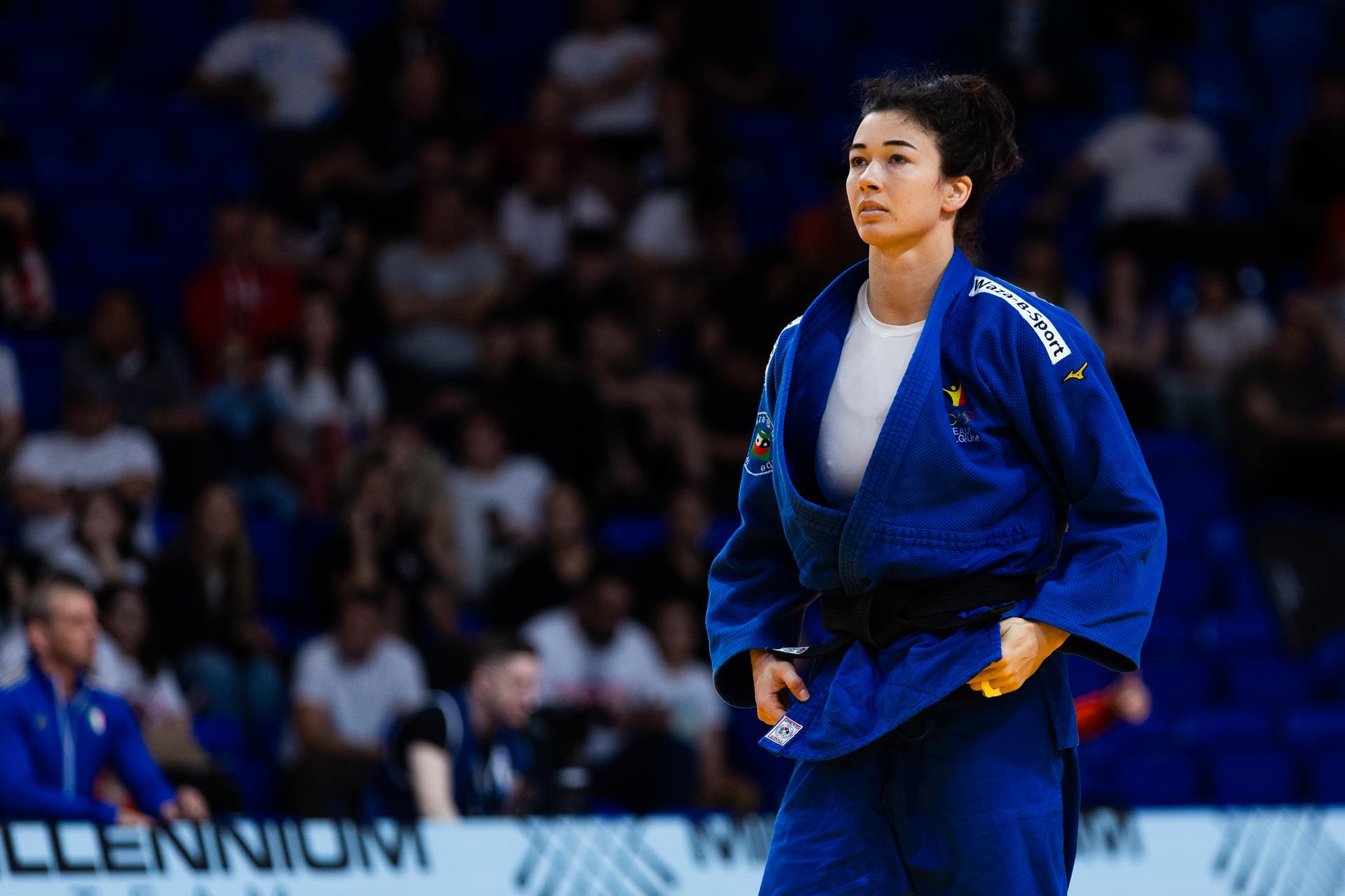 Belgian Gabriella Willems (blue gi) takes on Ukrainian Tsimko (not pictured) in a judo bout in the Women's -70kg category, at the European Judo Championships in Podgorica, Montenegro, on Friday 25 April 2025. The tournament is taking place from 23 tot 27 April 2025. BELGA PHOTO NIKOLA KRISTC